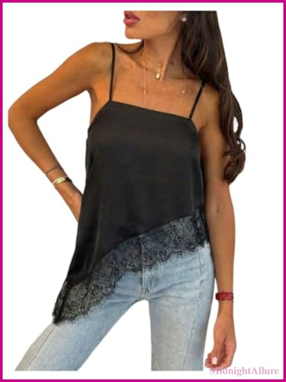 Y2K Lace Trim Satin Cami Top Asymmetrical Sleeveless